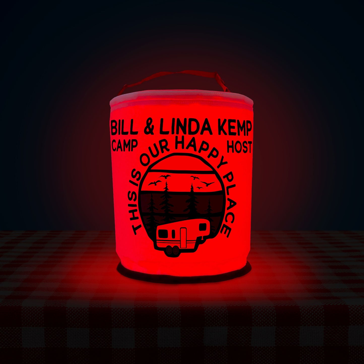 Personalized Color Changing Camping Lantern, 5th Wheel Trailer - This is Our Happy Place - Your Custom Text, LED Camp Light with Remote