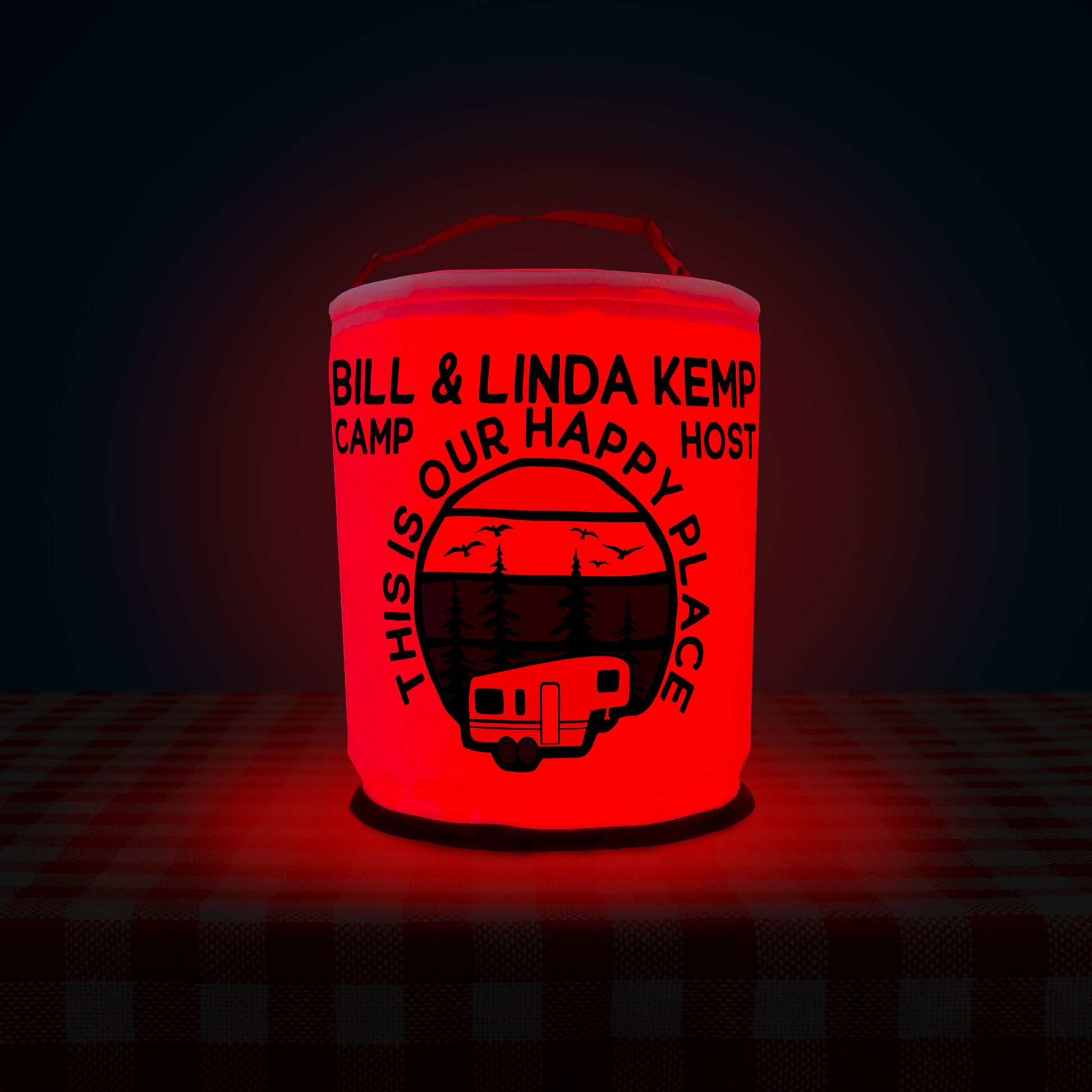Personalized Color Changing Camping Lantern, 5th Wheel Trailer - This is Our Happy Place - Your Custom Text, LED Camp Light with Remote