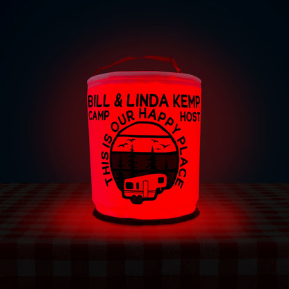 Personalized Color Changing Camping Lantern, 5th Wheel Trailer - This is Our Happy Place - Your Custom Text, LED Camp Light with Remote