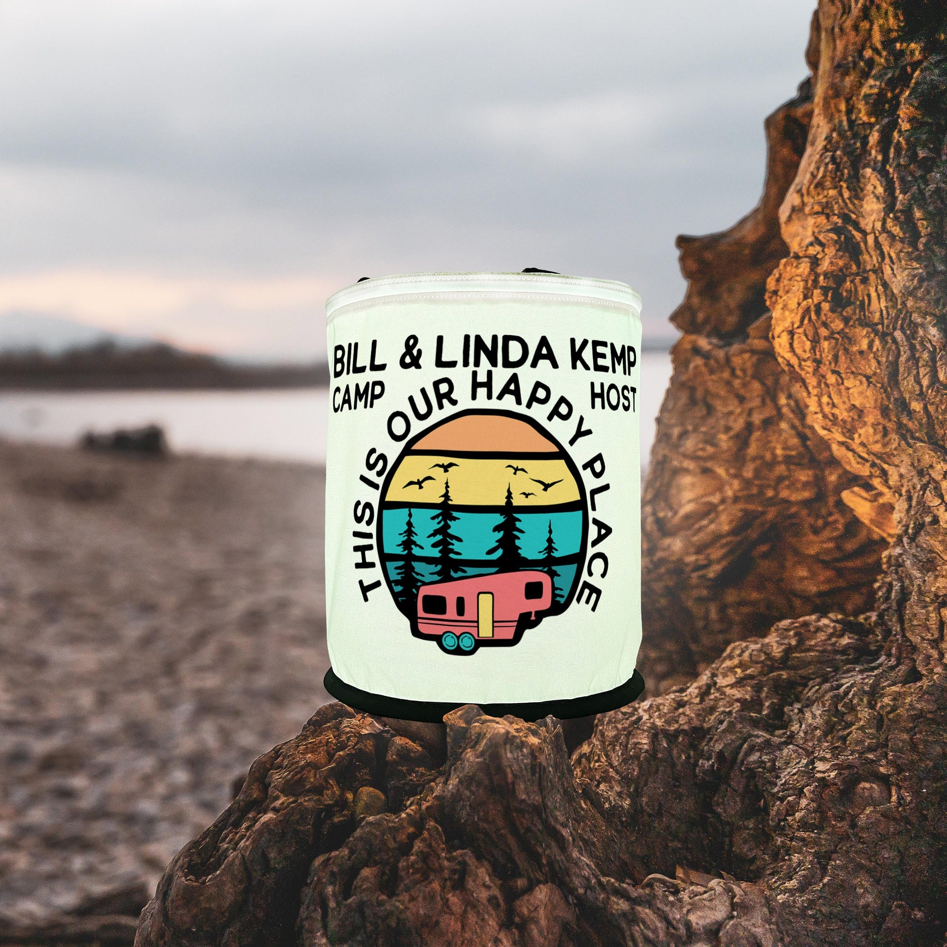Personalized Color Changing Camping Lantern, 5th Wheel Trailer - This is Our Happy Place - Your Custom Text, LED Camp Light with Remote
