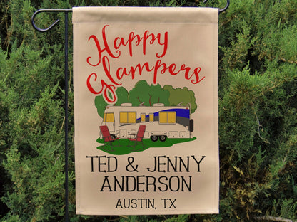 Personalized Happy Glampers, Glamour Camping Campsite Flag, Camp Sign, Class A Motorhome, Camping Decor, Motor Home Camp Flag