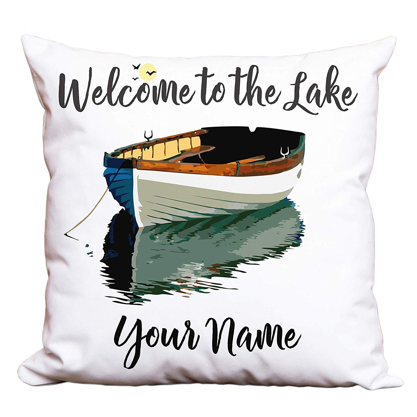 Welcome to The Lake Personalized Decorative or Camping Pillow with Boat on Lake