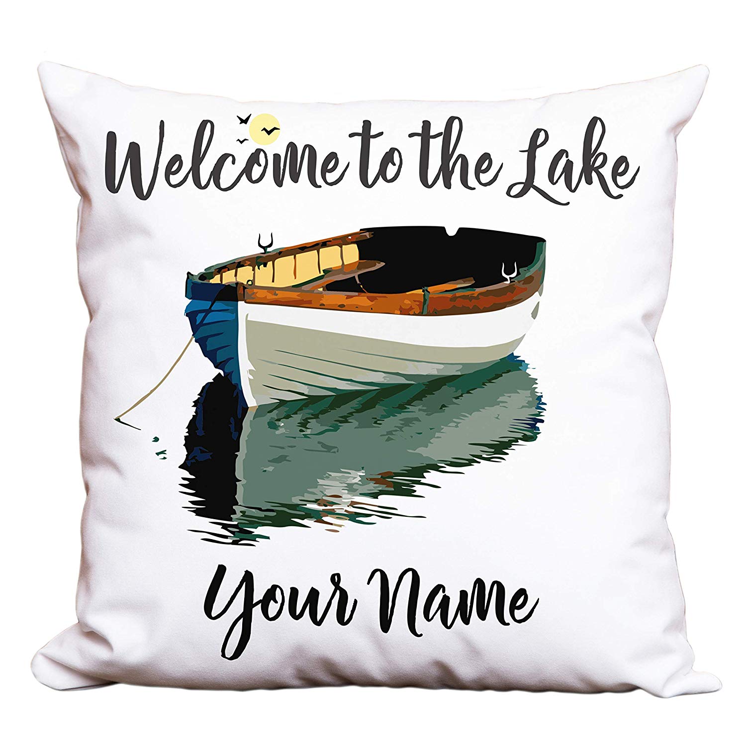 Welcome to The Lake Personalized Decorative or Camping Pillow with Boat on Lake