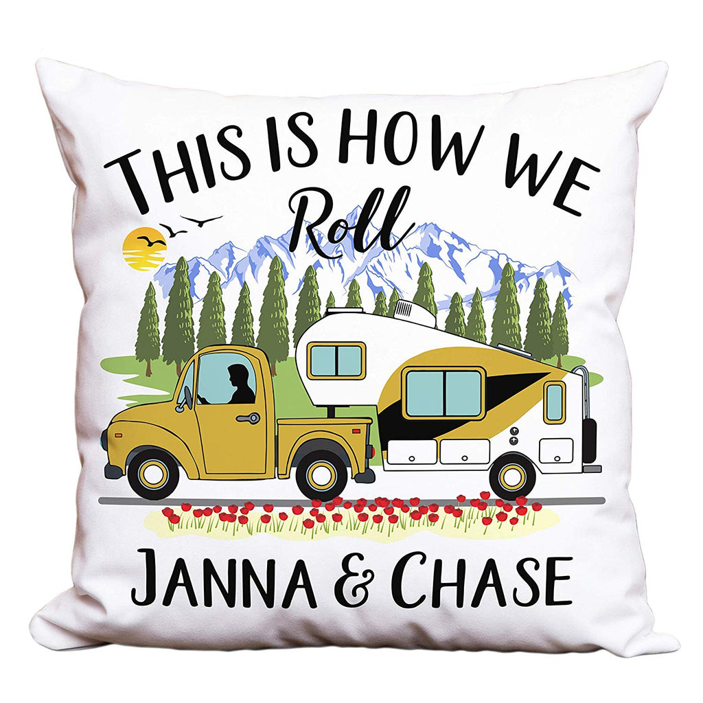 This is How We Roll Personalized Camping Pillow with Truck and 5th Wheel Trailer