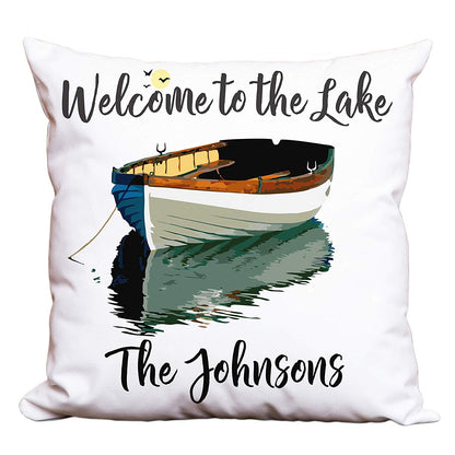 Welcome to The Lake Personalized Decorative or Camping Pillow with Boat on Lake