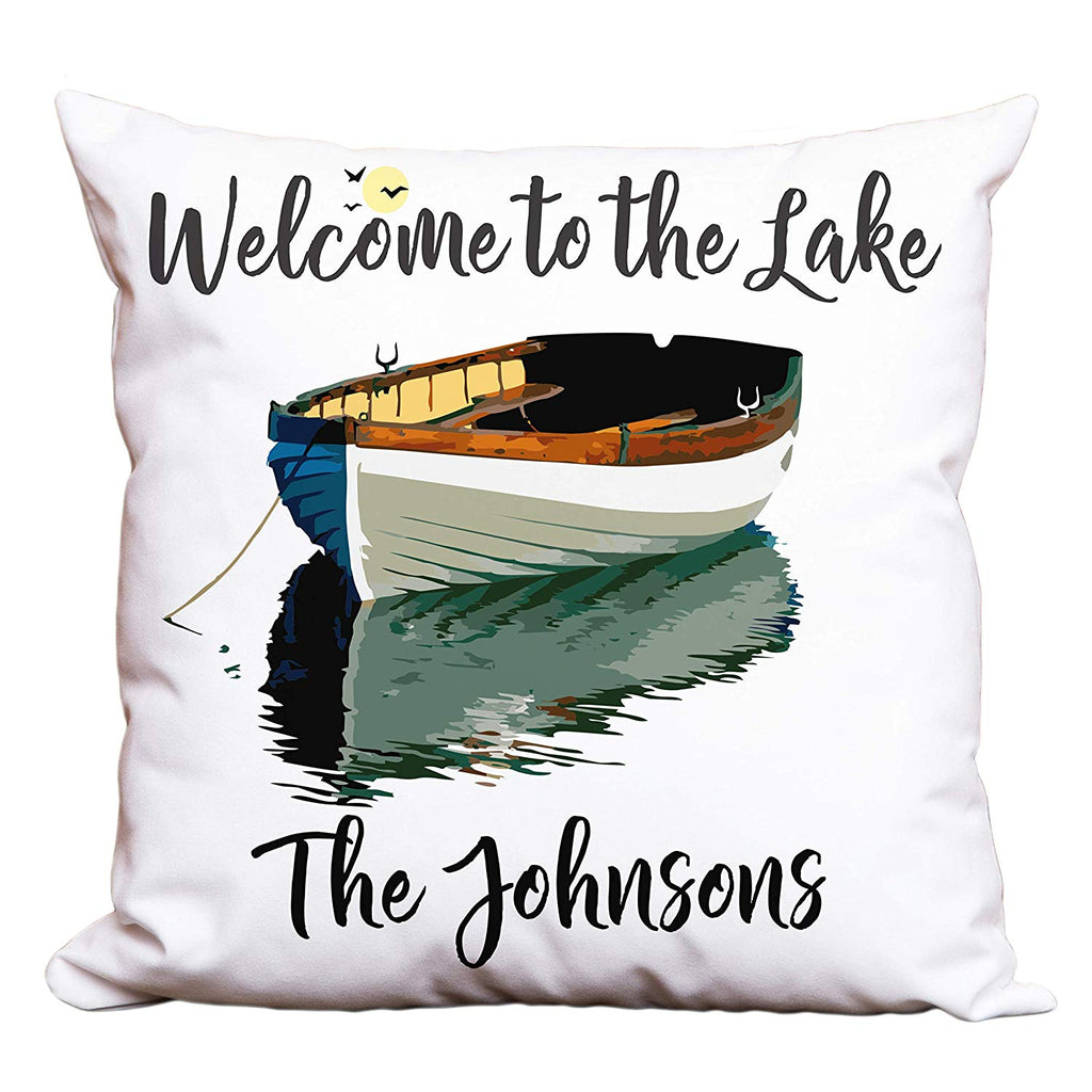 Welcome to The Lake Personalized Decorative or Camping Pillow with Boat on Lake