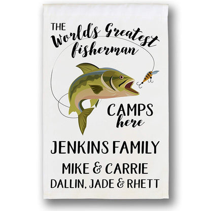 The World's Greatest Fisherman Camps Here Personalized Camping Flag with Fish and Lure