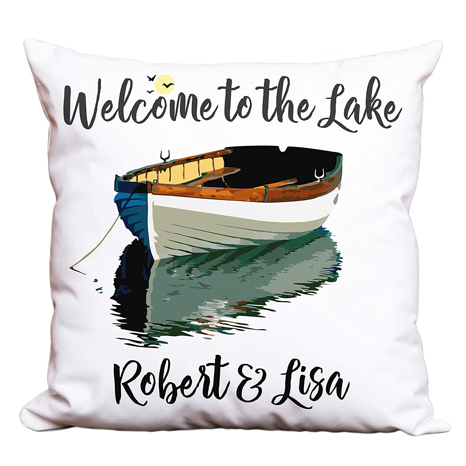 Welcome to The Lake Personalized Decorative or Camping Pillow with Boat on Lake