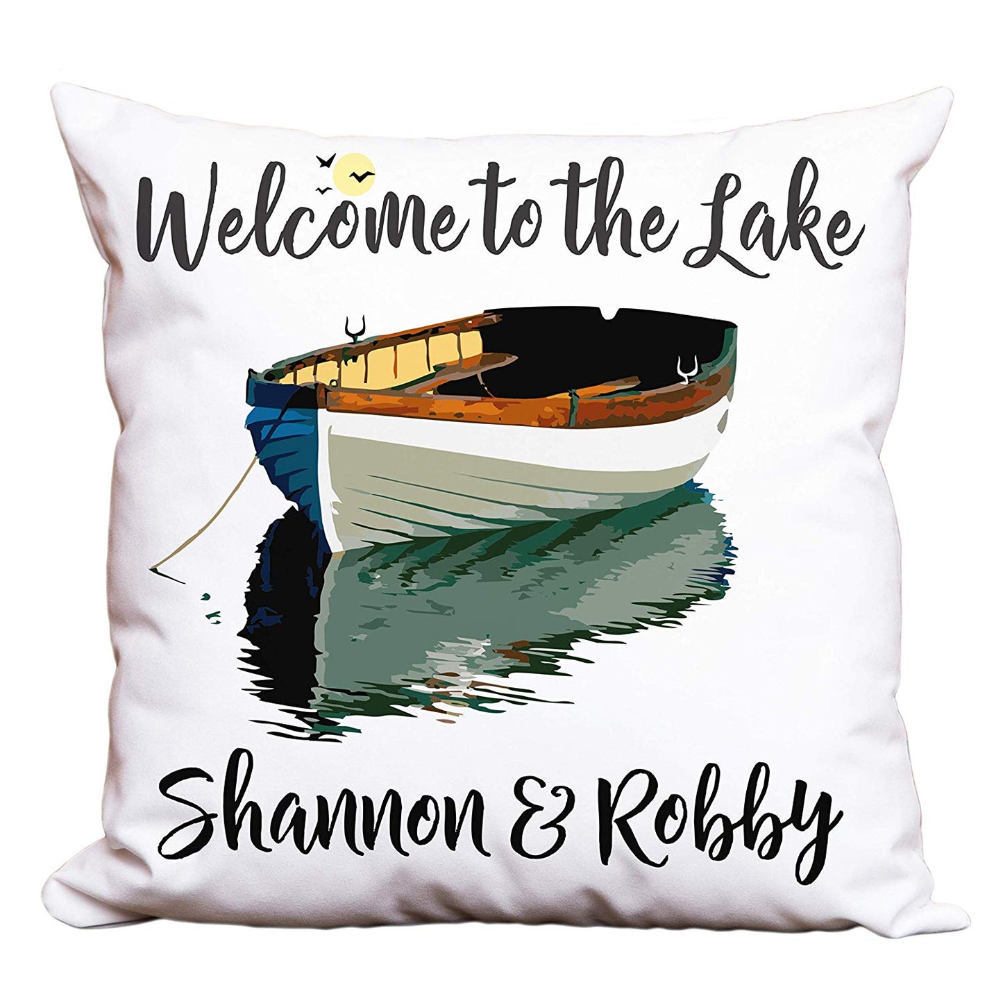 Welcome to The Lake Personalized Decorative or Camping Pillow with Boat on Lake