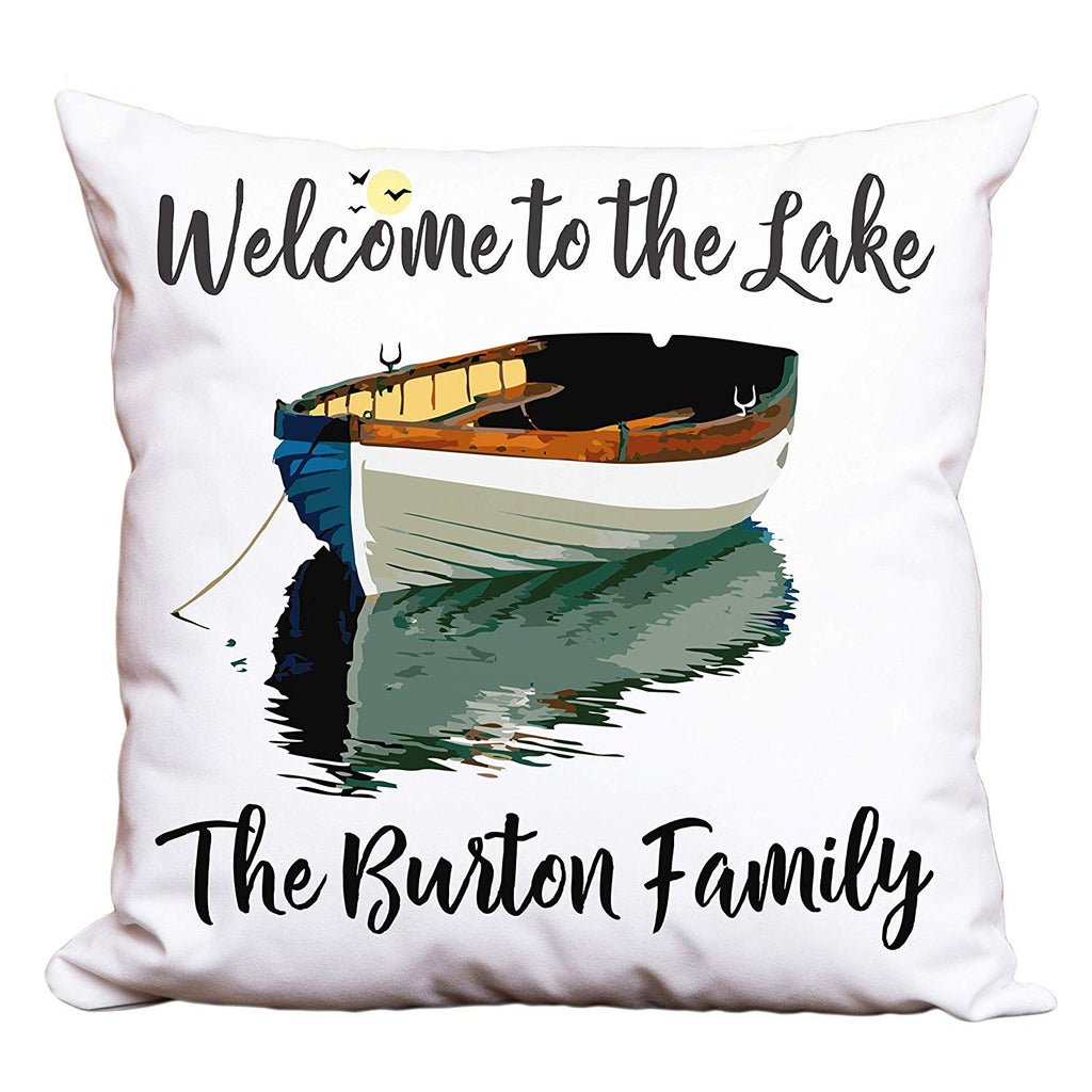 Welcome to The Lake Personalized Decorative or Camping Pillow with Boat on Lake