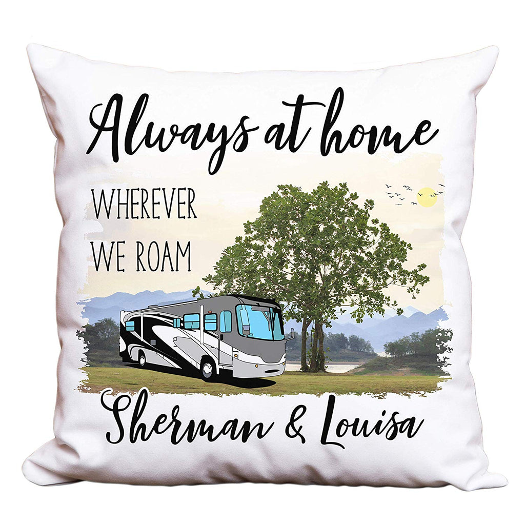 Always at Home Wherever We Roam Personalized Camping Pillow with Class A Motorhome