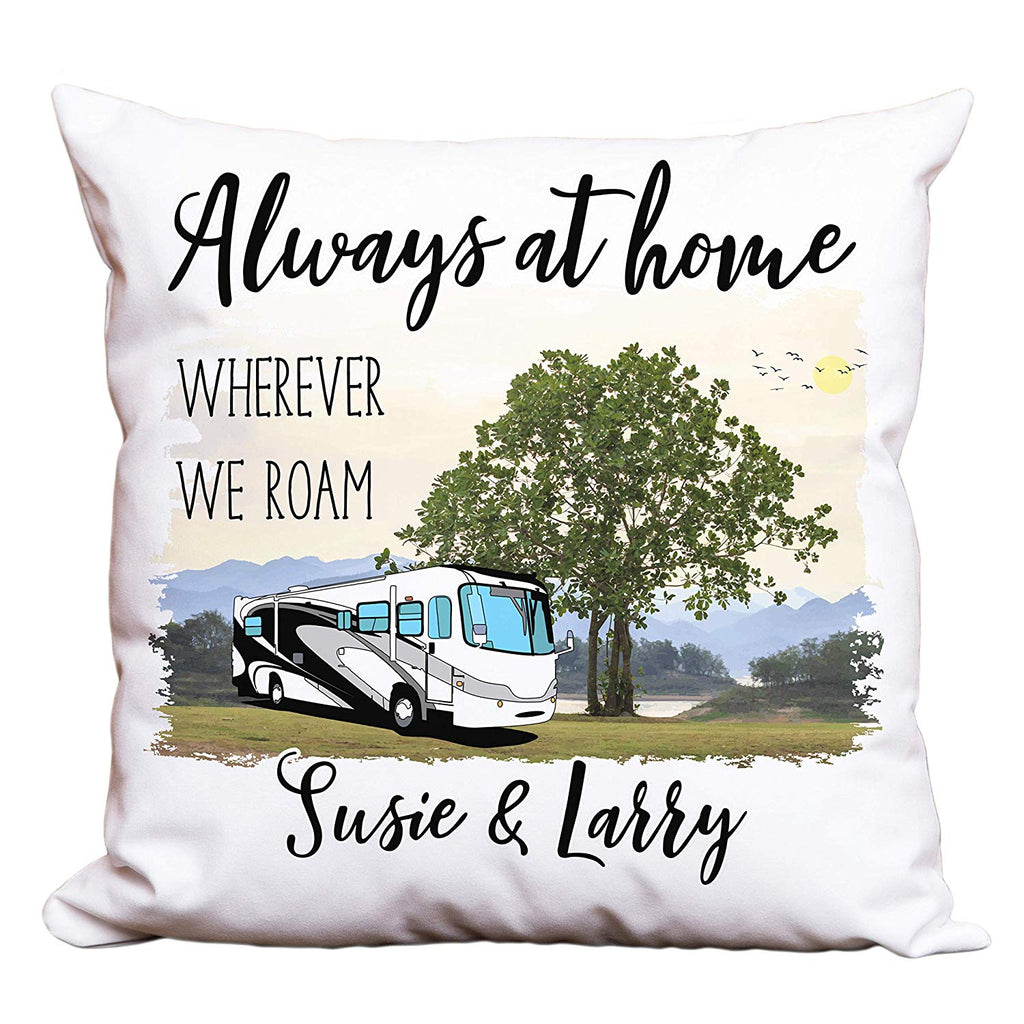 Always at Home Wherever We Roam Personalized Camping Pillow with Class A Motorhome