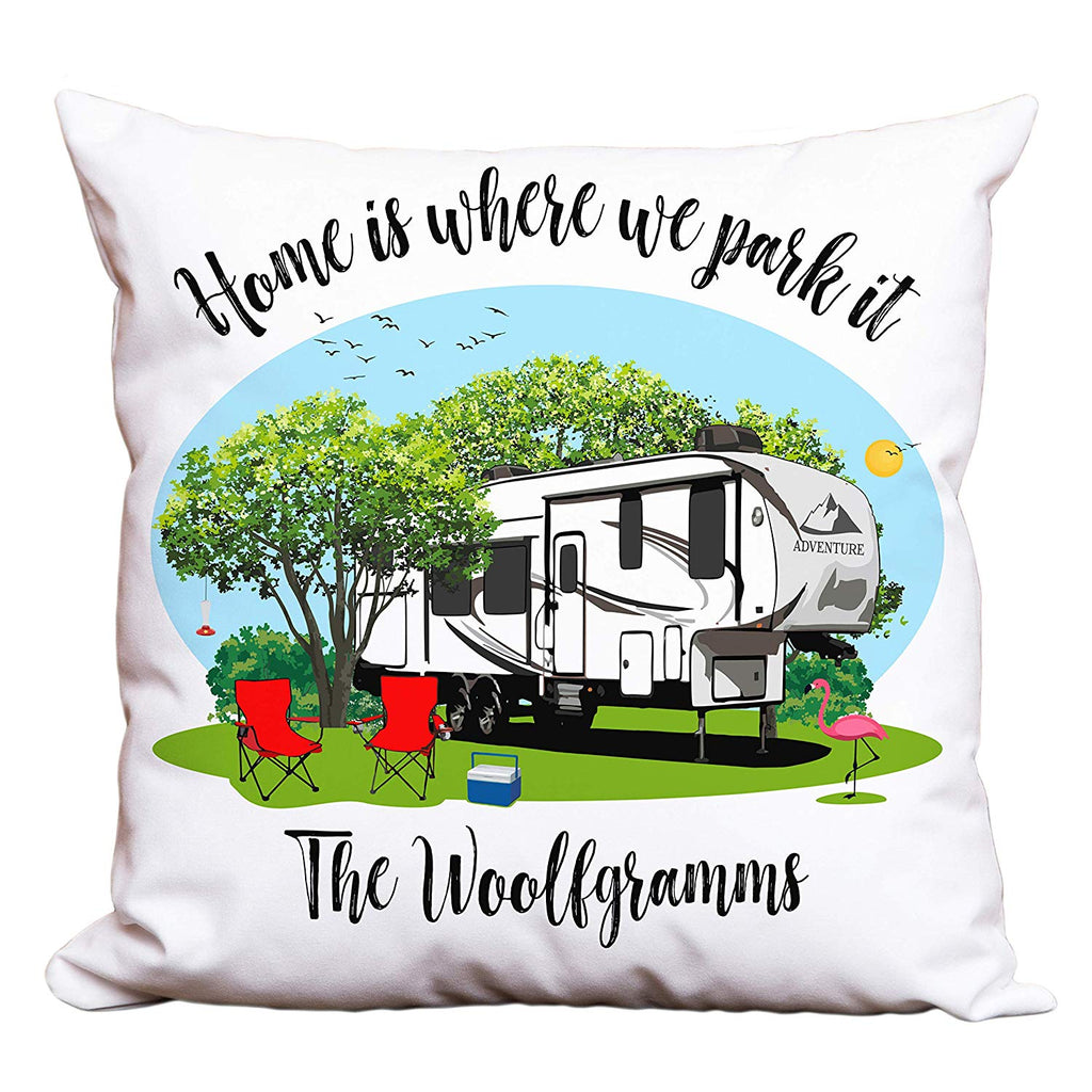 Home is Where We Park It Personalized Camping Pillow with 5th Wheel Trailer