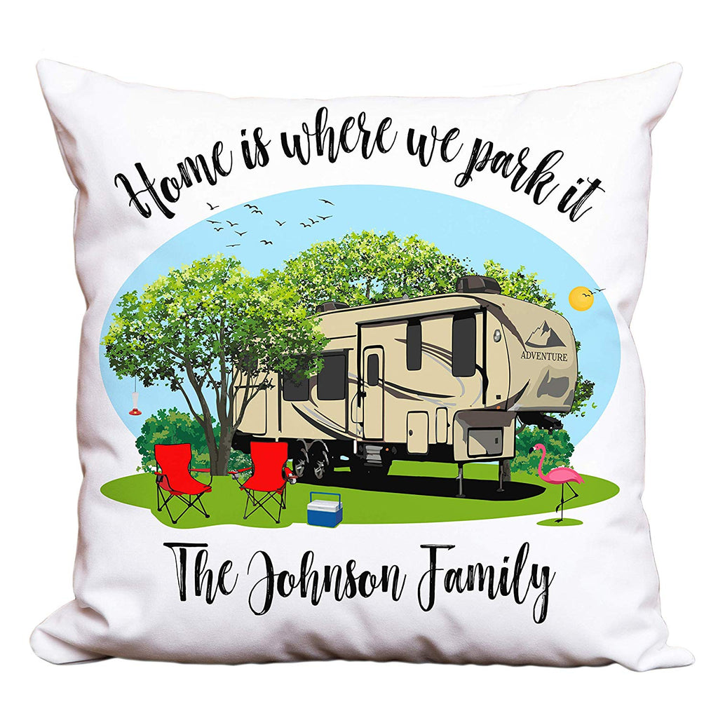 Home is Where We Park It Personalized Camping Pillow with 5th Wheel Trailer