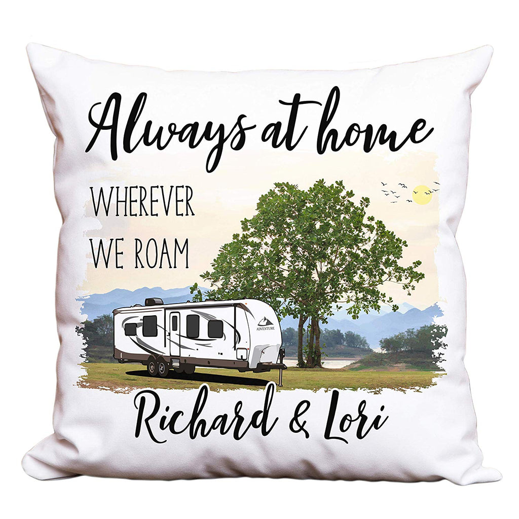 Always at Home Wherever We Roam Personalized Camping Pillow with Travel Trailer