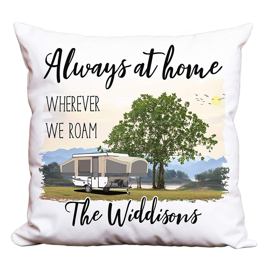 Always at Home Wherever We Roam Personalized Camping Pillow with Pop Up Trailer