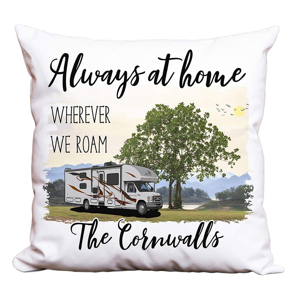 Always at Home Wherever We Roam Personalized Camping Pillow with Class C Motorhome