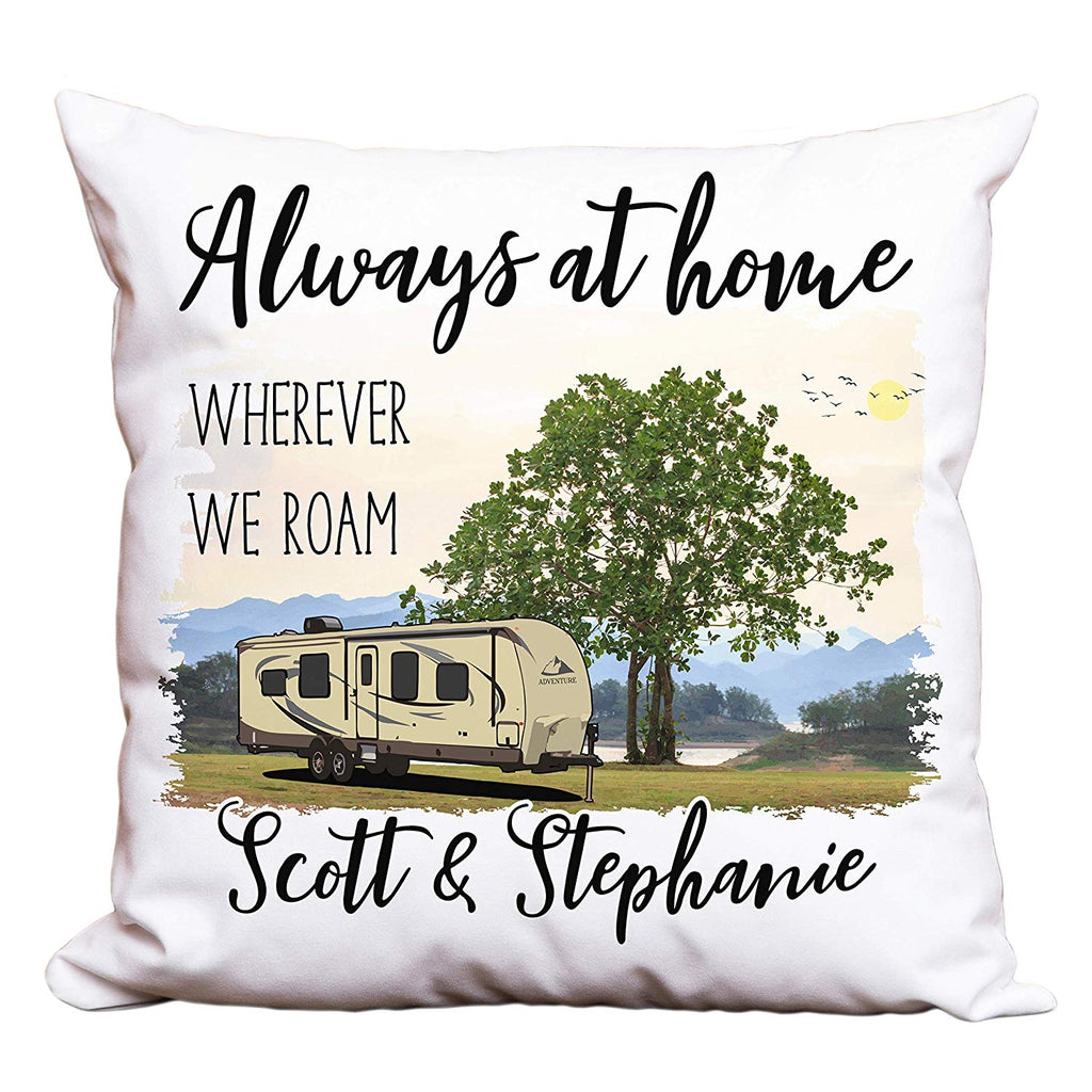 Always at Home Wherever We Roam Personalized Camping Pillow with Travel Trailer