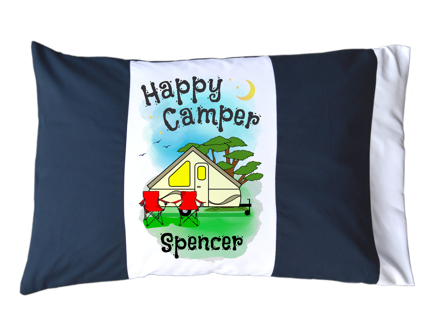 Happy Camper Personalized Red/White or Navy/White Pillow Case with Pop-Up or A-Frame Trailer