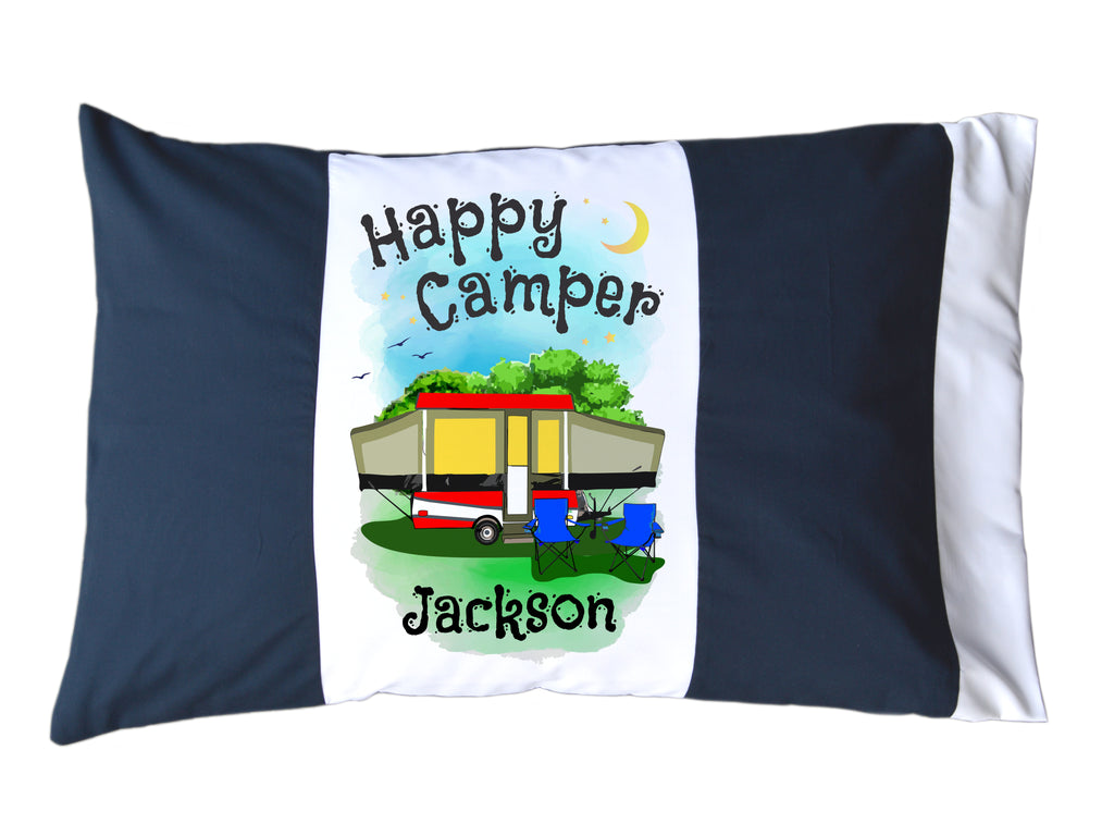 Happy Camper Personalized Red/White or Navy/White Pillow Case with Pop-Up or A-Frame Trailer