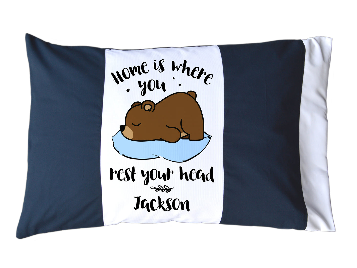 Home is Where You Rest Your Head Personalized Red/White or Navy/White Pillow Case with Sleeping Bear