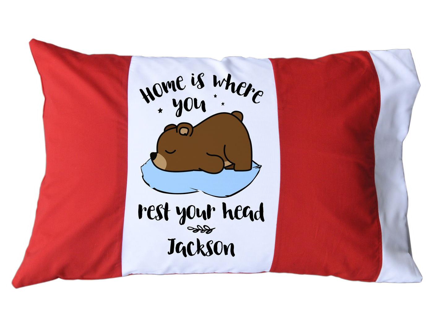 Home is Where You Rest Your Head Personalized Red/White or Navy/White Pillow Case with Sleeping Bear