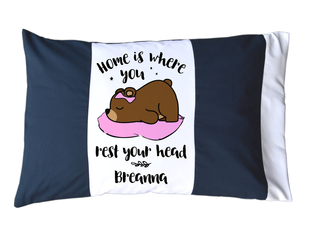 Home is Where You Rest Your Head Personalized Red/White or Navy/White Pillow Case with Sleeping Bear