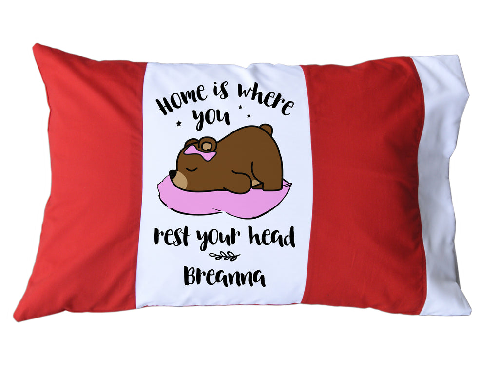 Home is Where You Rest Your Head Personalized Red/White or Navy/White Pillow Case with Sleeping Bear