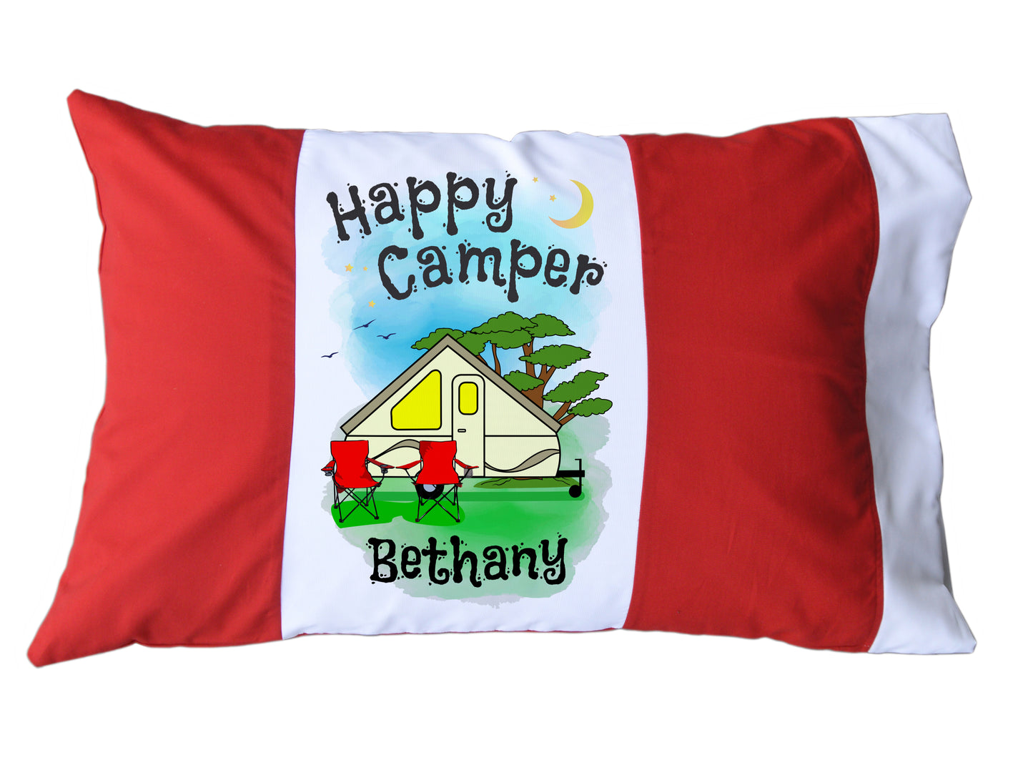 Happy Camper Personalized Red/White or Navy/White Pillow Case with Pop-Up or A-Frame Trailer