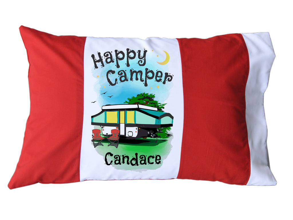 Happy Camper Personalized Red/White or Navy/White Pillow Case with Pop-Up or A-Frame Trailer