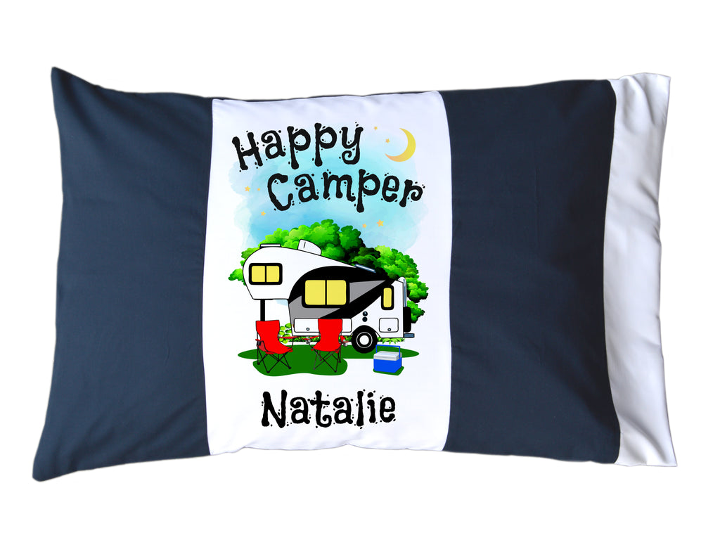Happy Camper Personalized Red/White or Navy/White Pillow Case with 5th Wheel