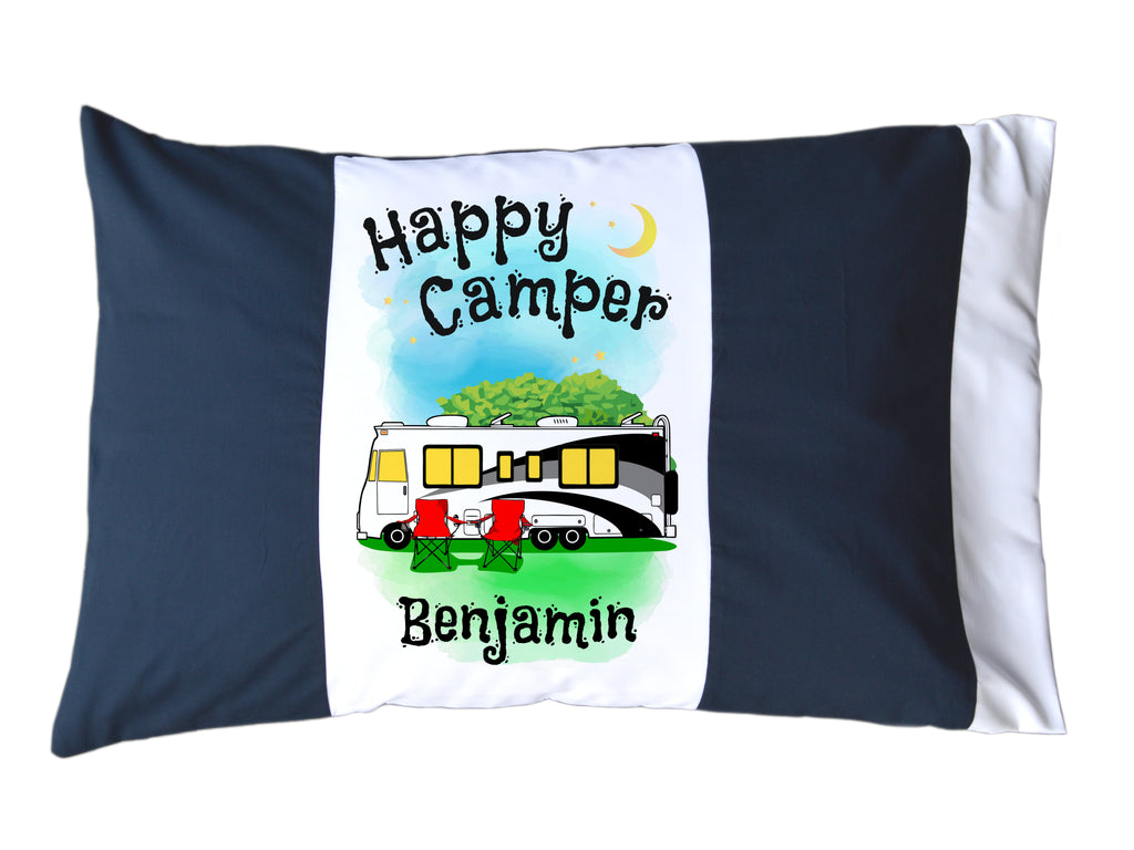 Happy Camper Personalized Red/White or Navy/White Pillow Case with Class A Motorhome