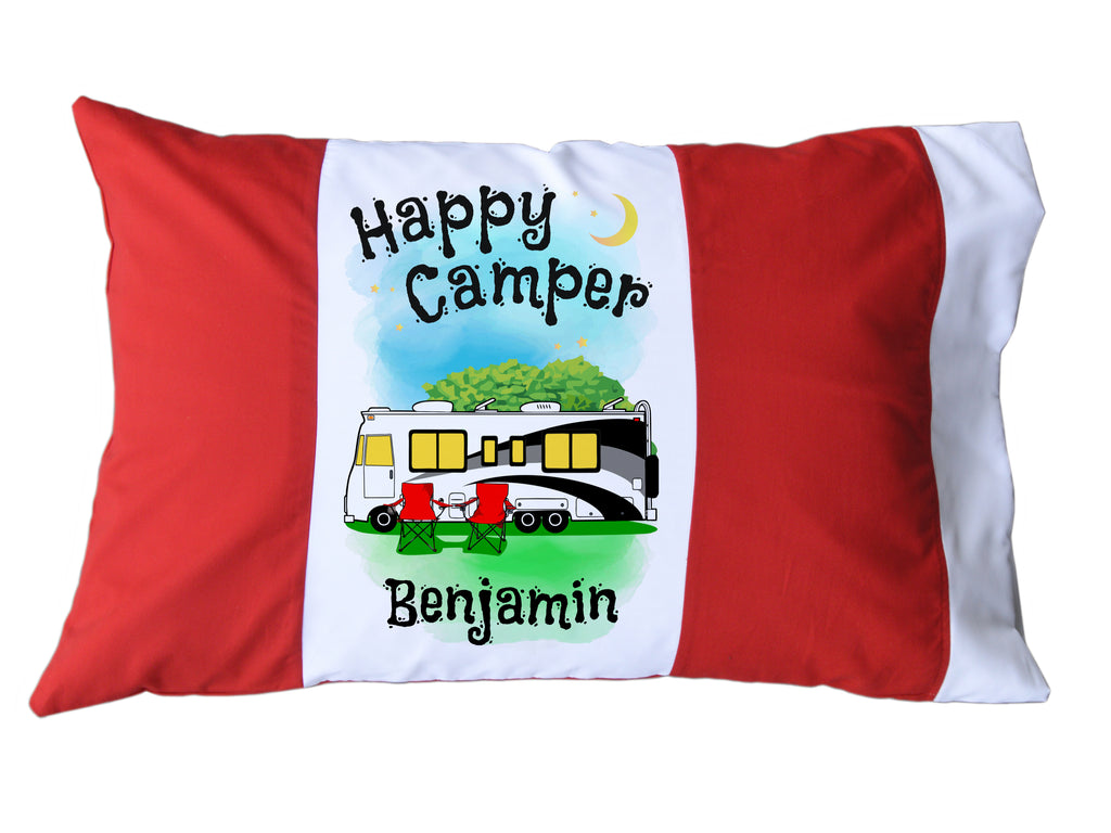 Happy Camper Personalized Red/White or Navy/White Pillow Case with Class A Motorhome