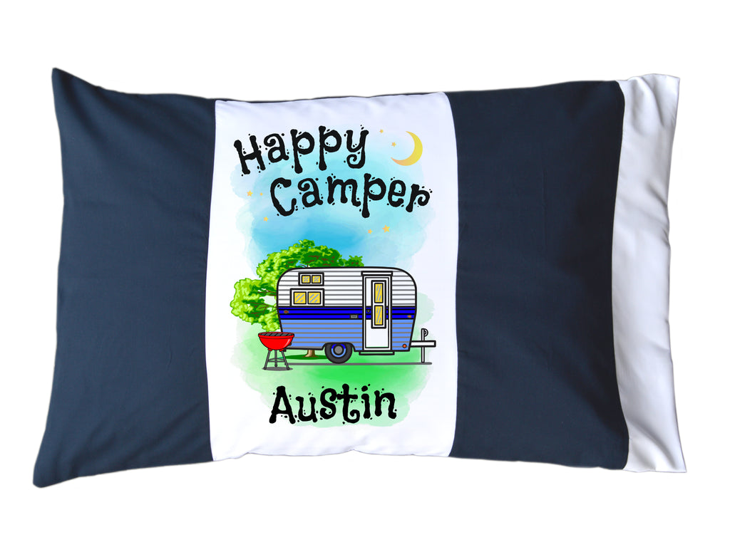 Happy Camper Personalized Red/White or Navy/White Pillow Case with Trailer