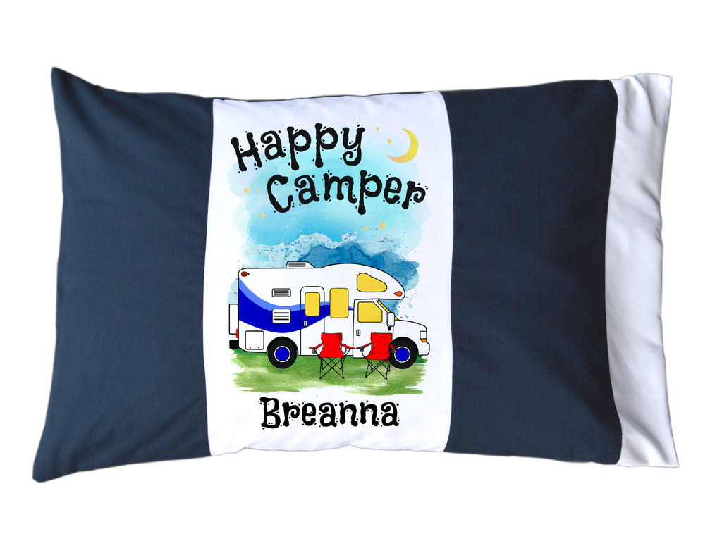 Happy Camper Personalized Red/White or Navy/White Pillow Case with Class C Motorhome