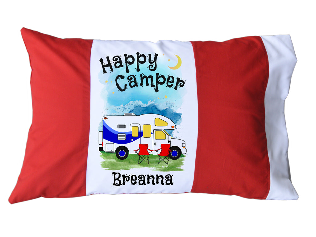 Happy Camper Personalized Red/White or Navy/White Pillow Case with Class C Motorhome
