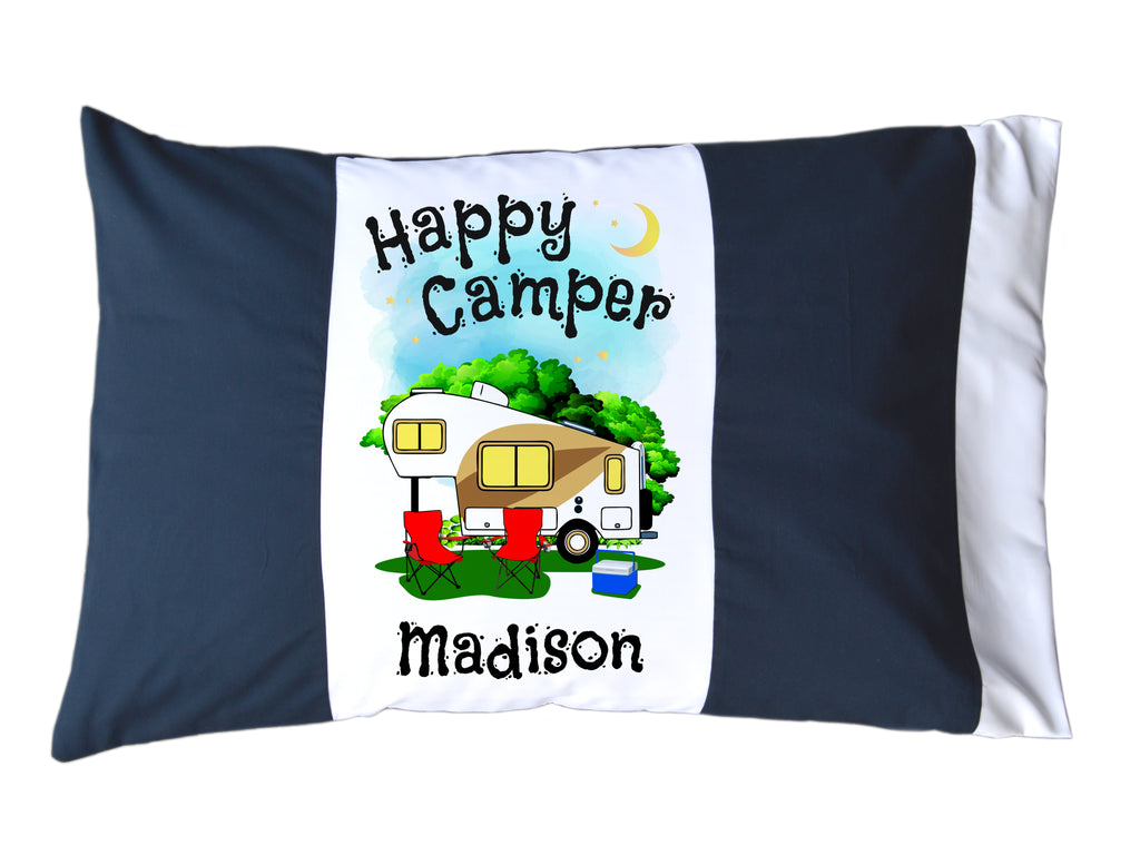 Happy Camper Personalized Red/White or Navy/White Pillow Case with 5th Wheel