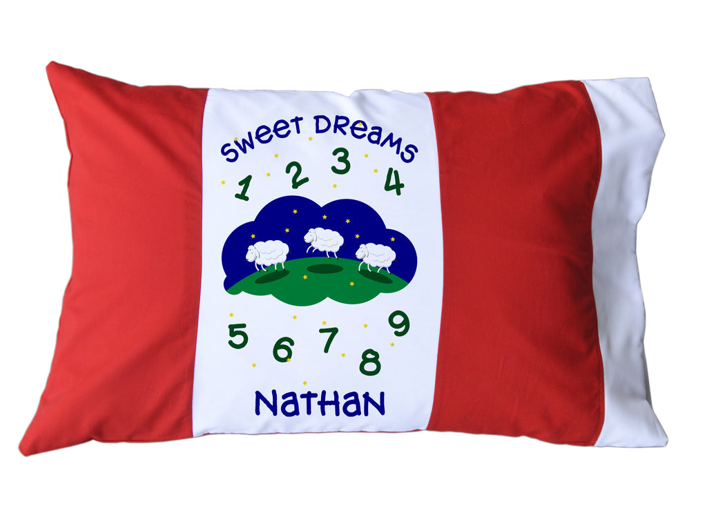 Sweet Dreams Personalized Red/White or Navy/White Pillow Case with Counting Sheep