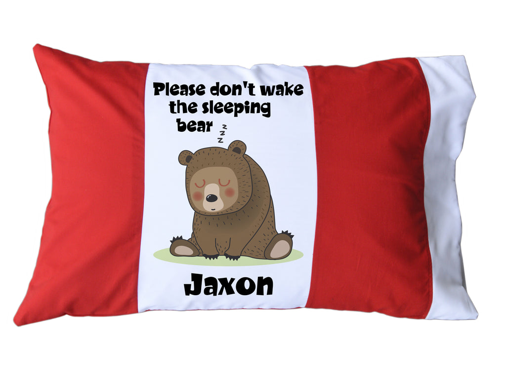 Please Don't Wake the Sleeping Bear Personalized Red/White or Navy/White Pillow Case with Sleeping Bear