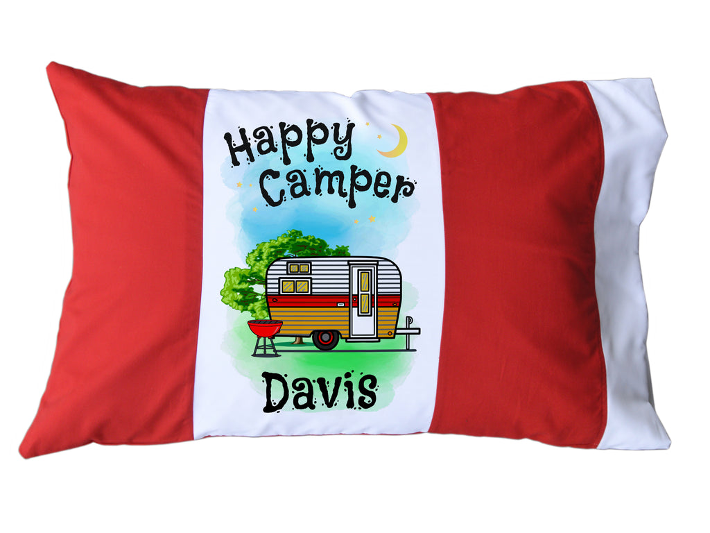 Happy Camper Personalized Red/White or Navy/White Pillow Case with Trailer