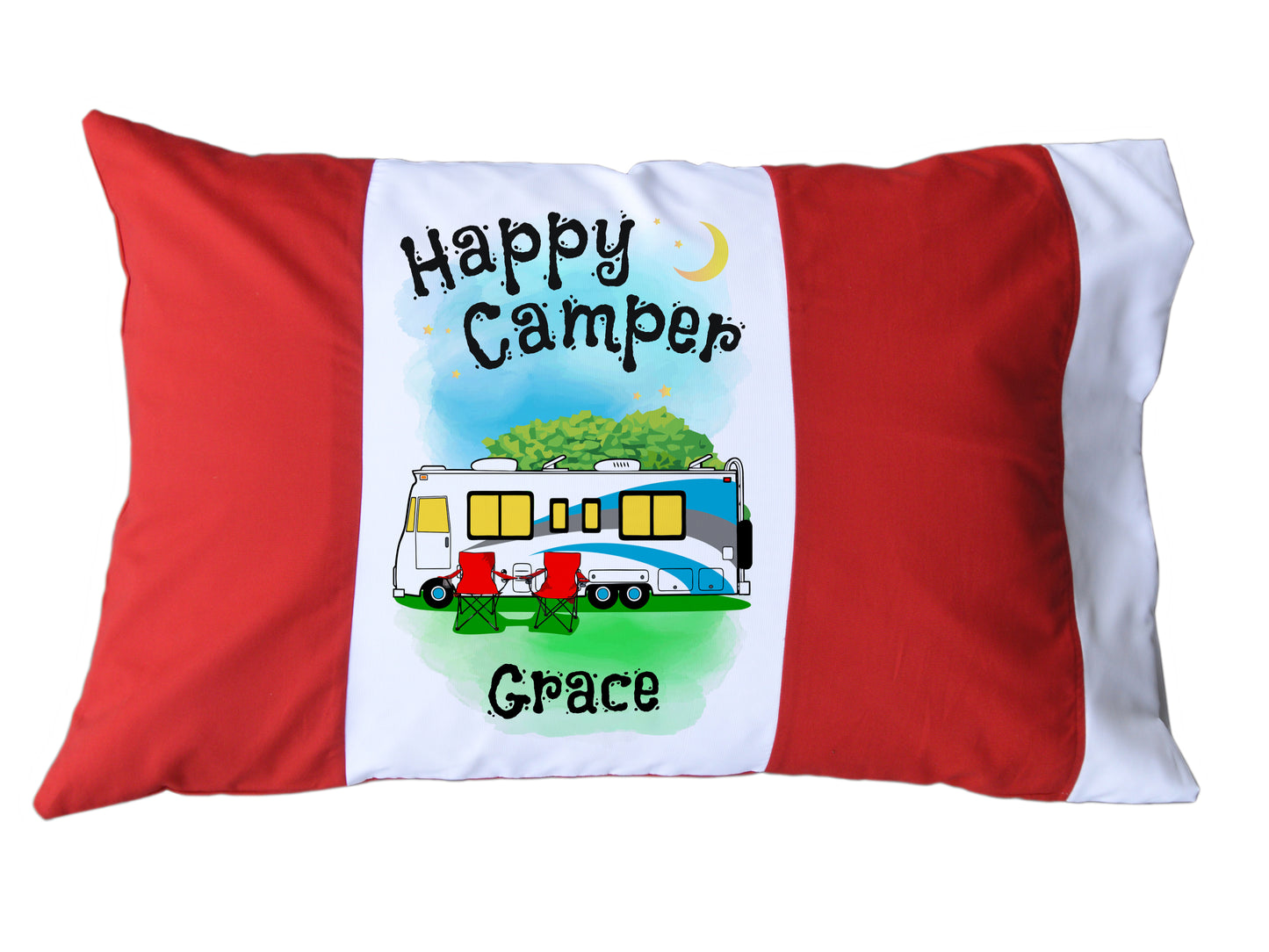 Happy Camper Personalized Red/White or Navy/White Pillow Case with Class A Motorhome