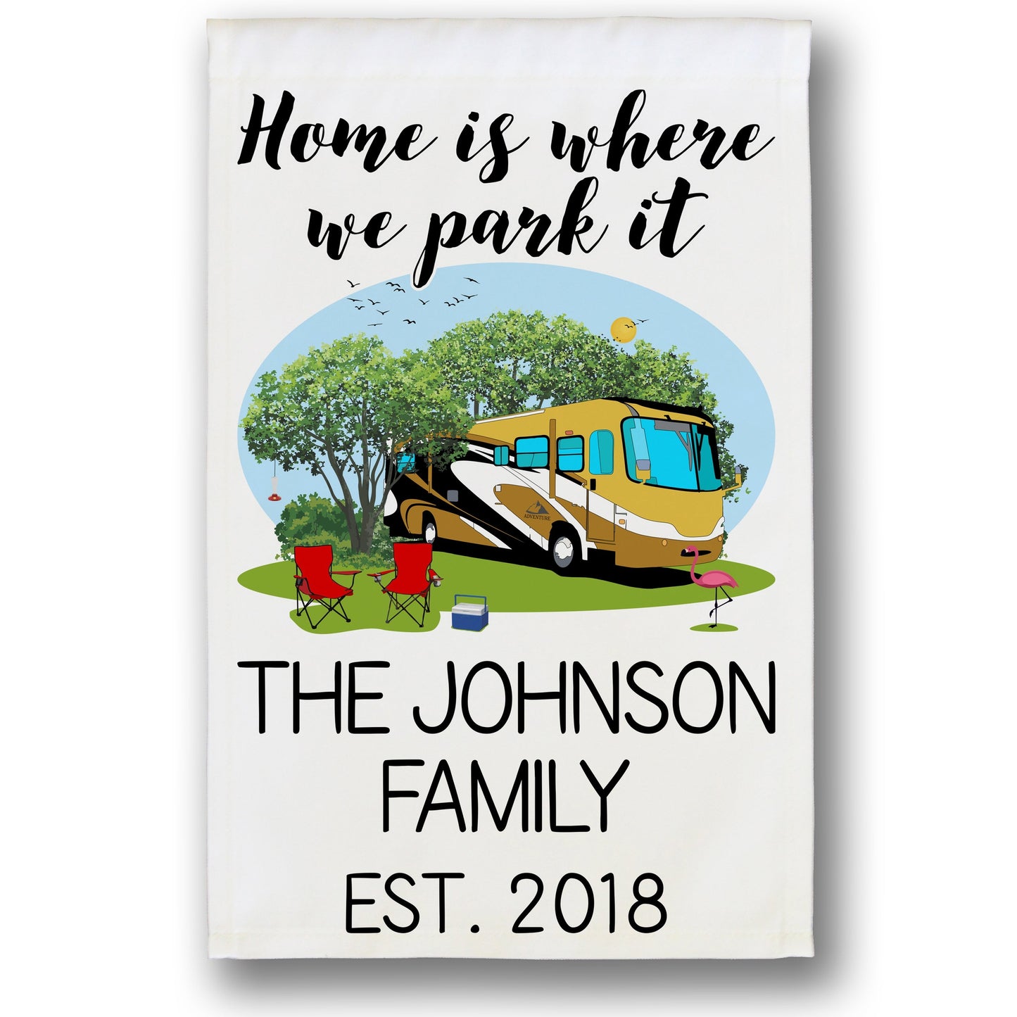 Home is Where We Park It Personalized Camping Flag with Class A Motorhome