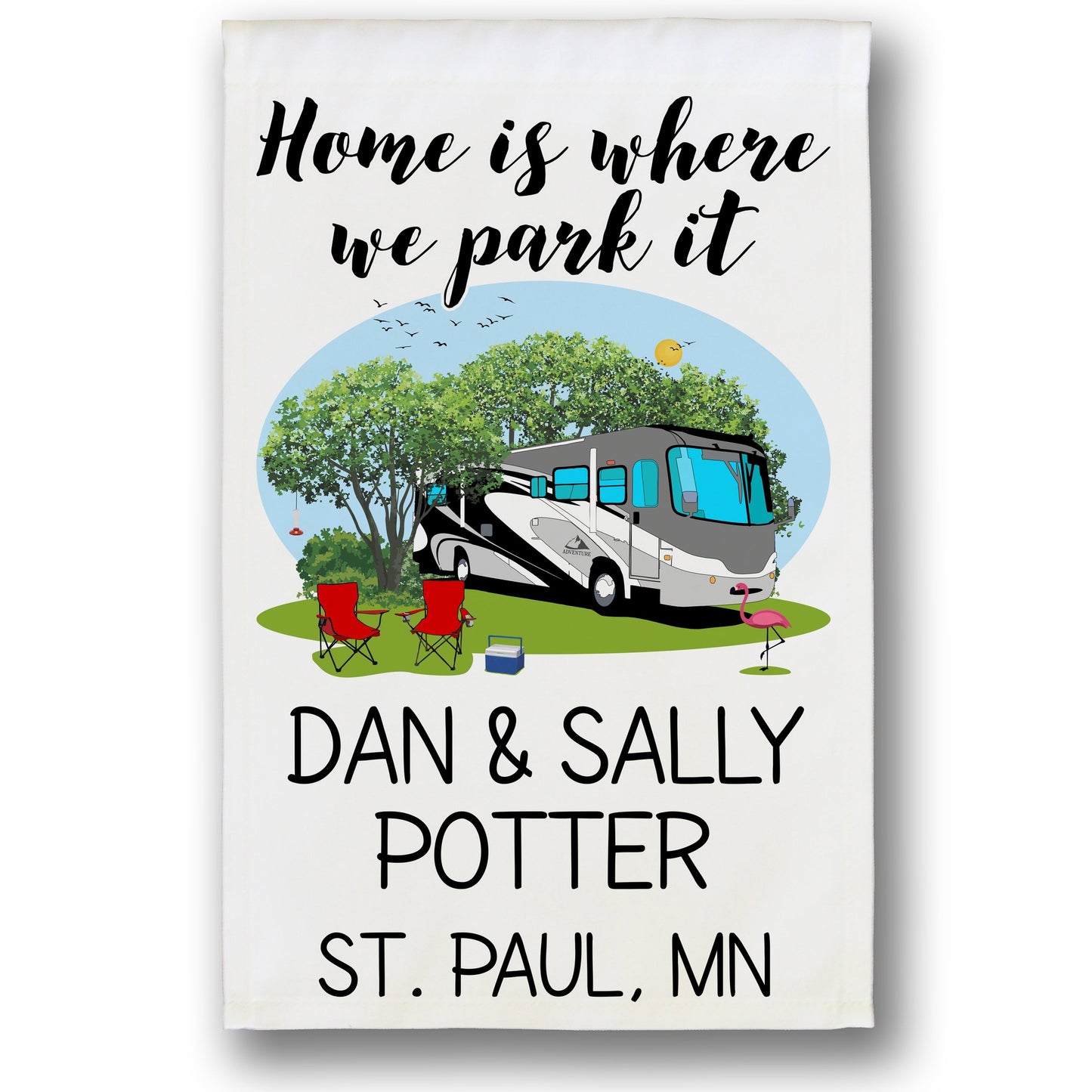 Home is Where We Park It Personalized Camping Flag with Class A Motorhome