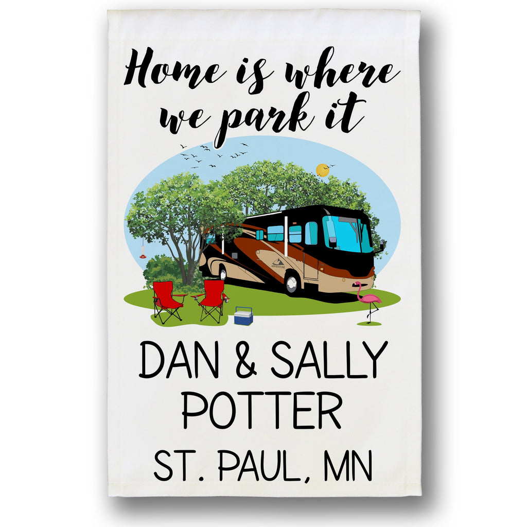 Home is Where We Park It Personalized Camping Flag with Class A Motorhome