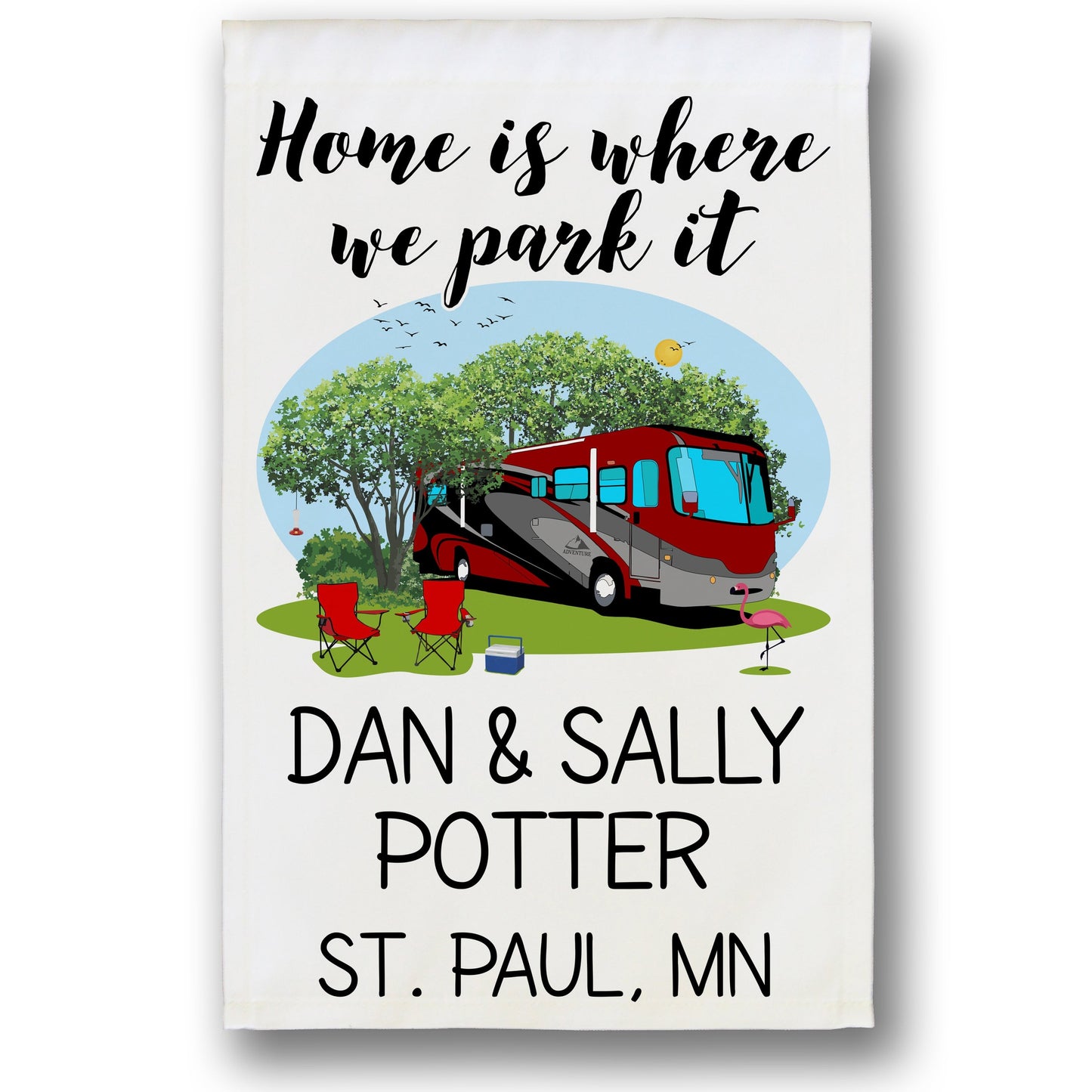 Home is Where We Park It Personalized Camping Flag with Class A Motorhome