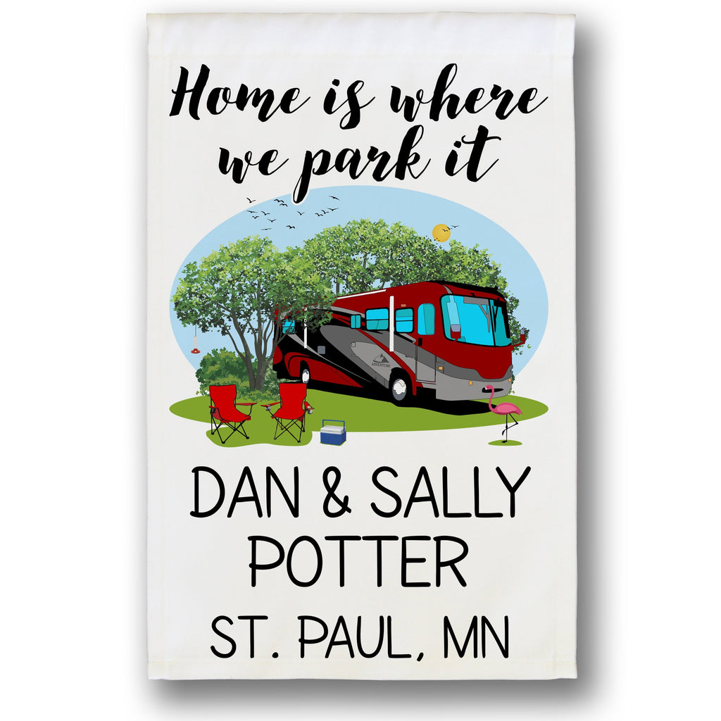 Home is Where We Park It Personalized Camping Flag with Class A Motorhome