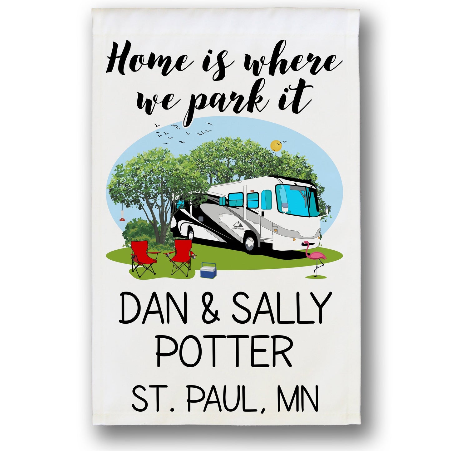 Home is Where We Park It Personalized Camping Flag with Class A Motorhome