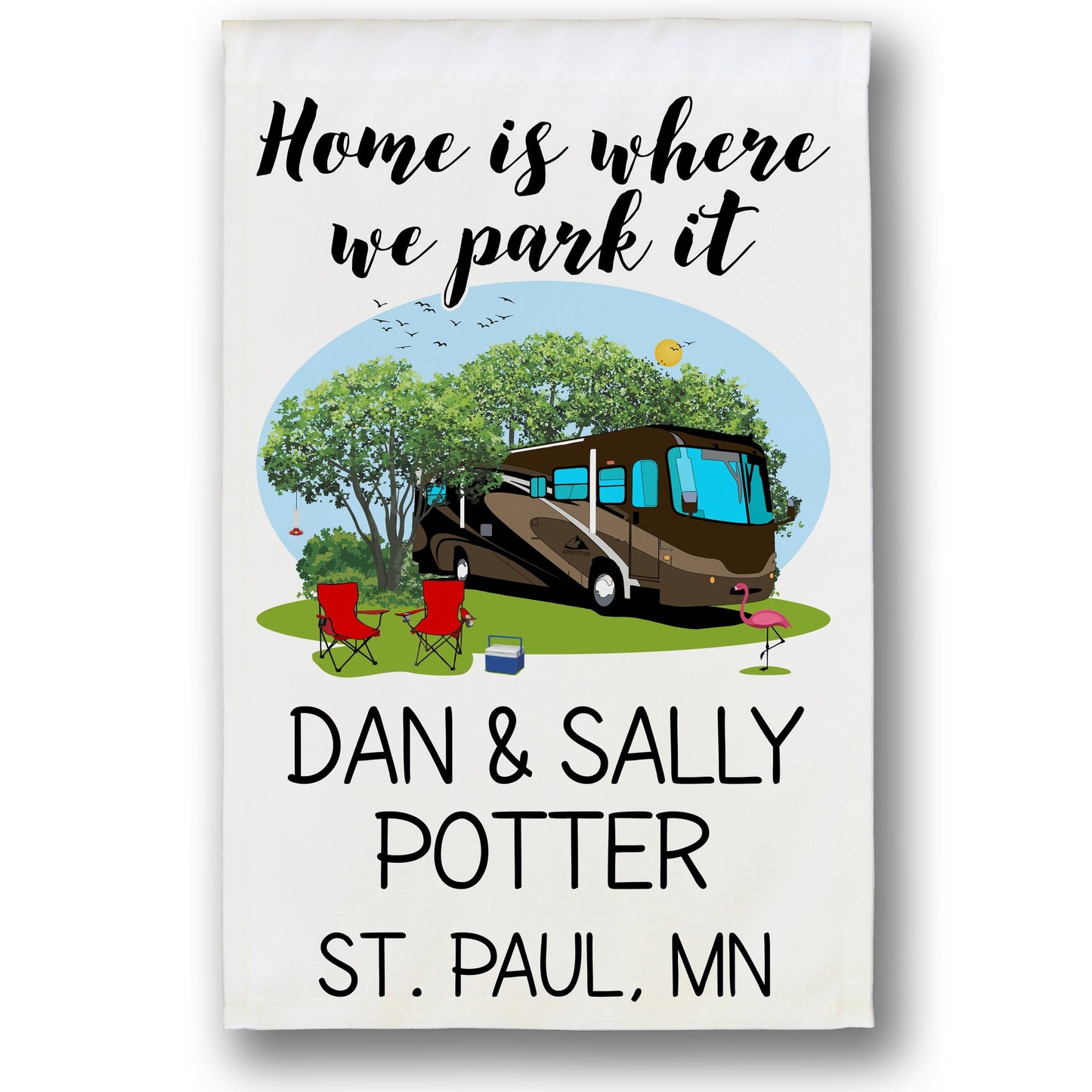 Home is Where We Park It Personalized Camping Flag with Class A Motorhome