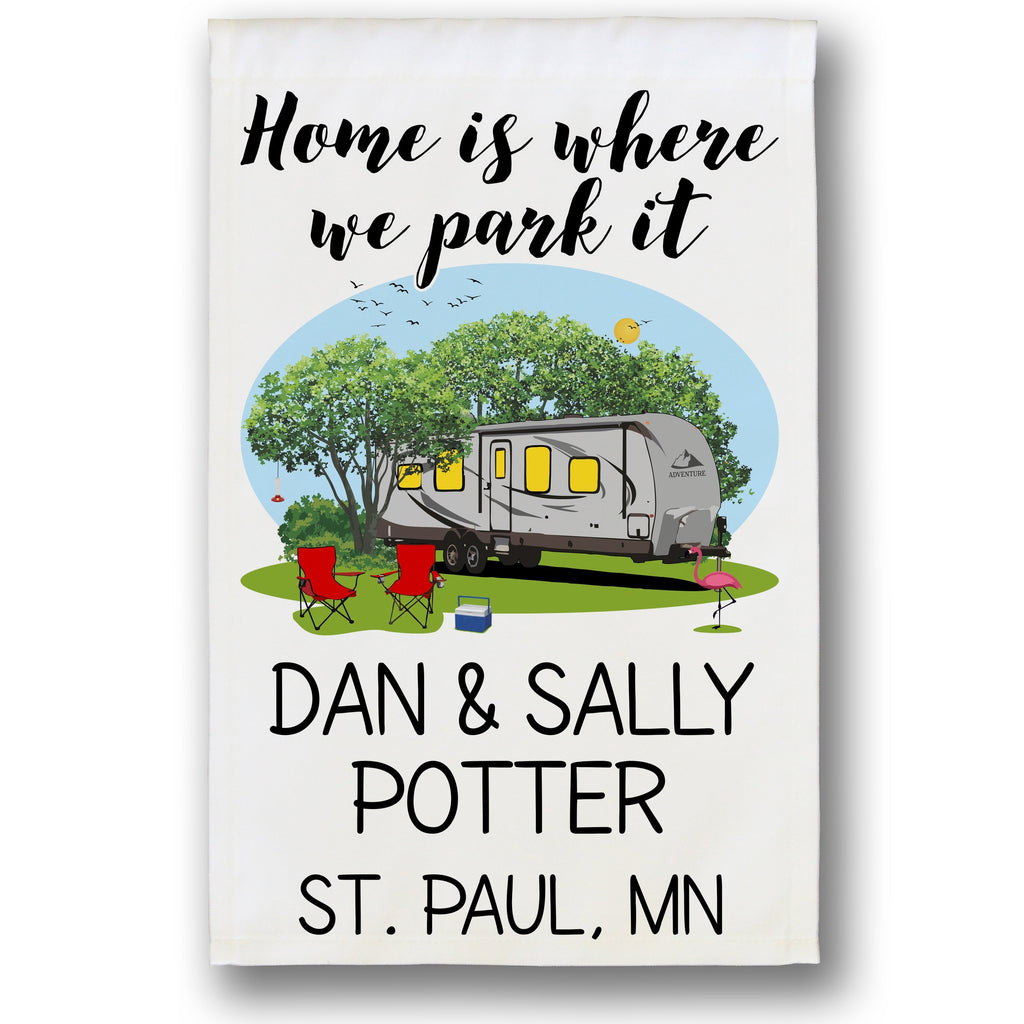 Home is Where We Park It Personalized Camping Flag with Travel Trailer