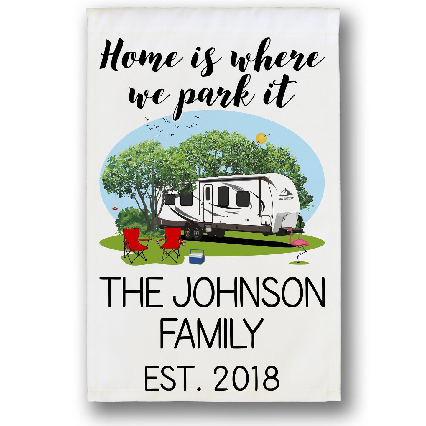 Home is Where We Park It Personalized Camping Flag with Travel Trailer